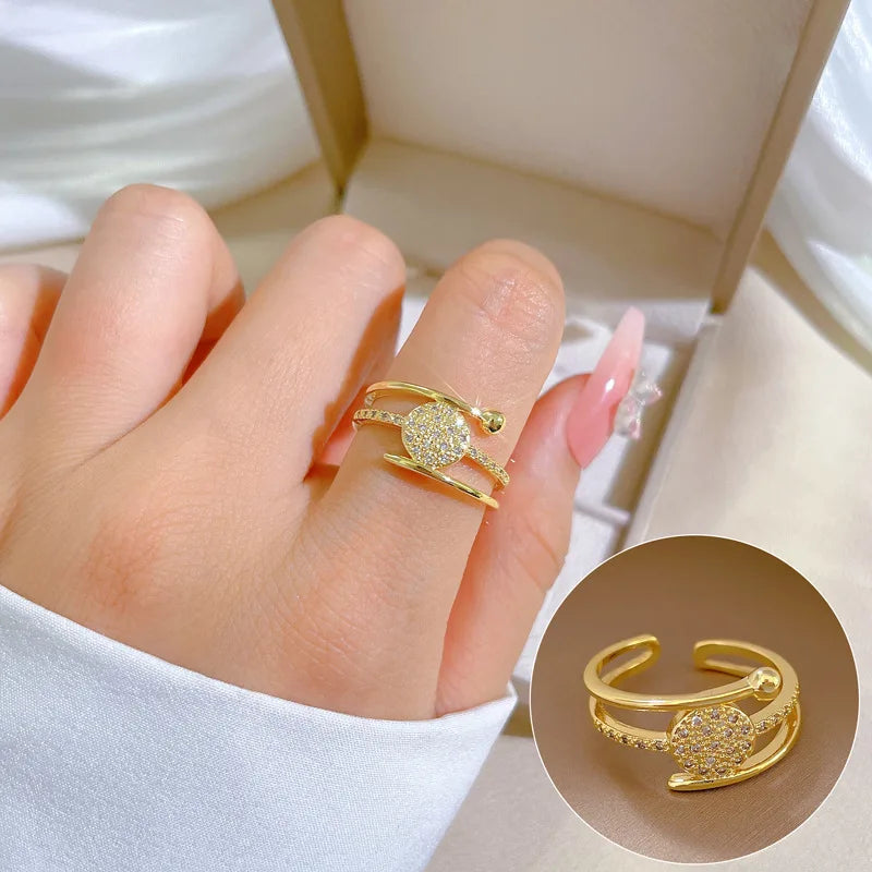 Trendy 18k Gold Plated Diamond Round Shaped Adjustable Size Couple Rings Jewelry Wholesale Ring for Women Girls