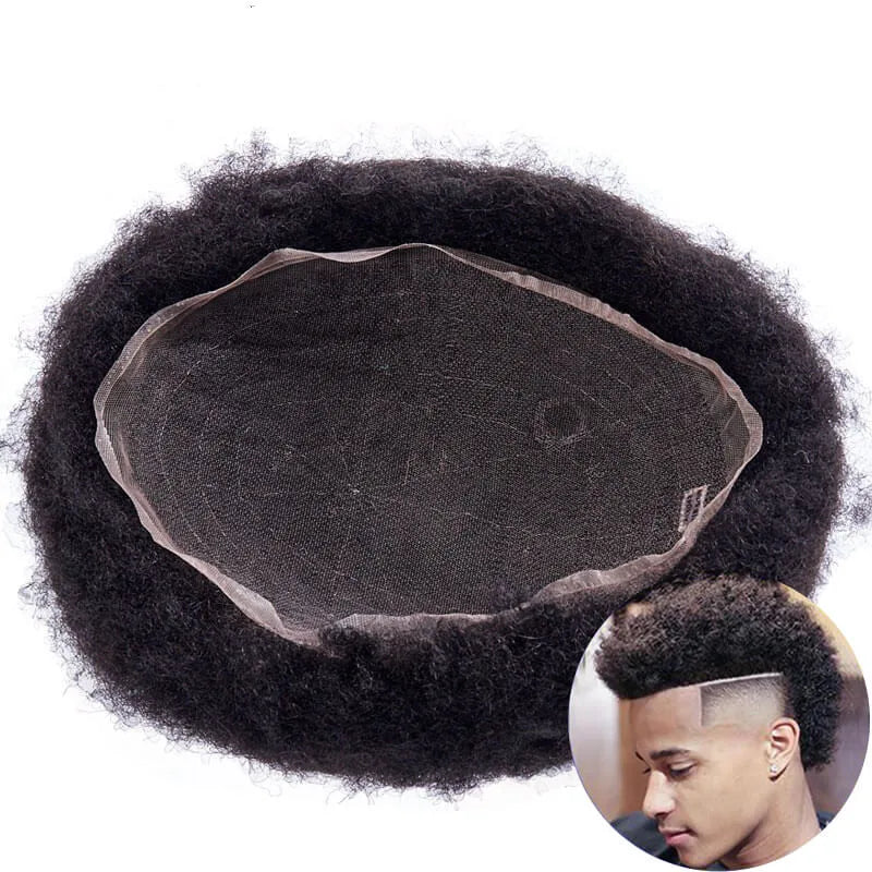 AU Hot Sale Black Wig Kinky Afro Curly Wig Men Toupee Afro Full Human Hair 100% Remy Human Hair Indian Hair Natural Black 6 Inch