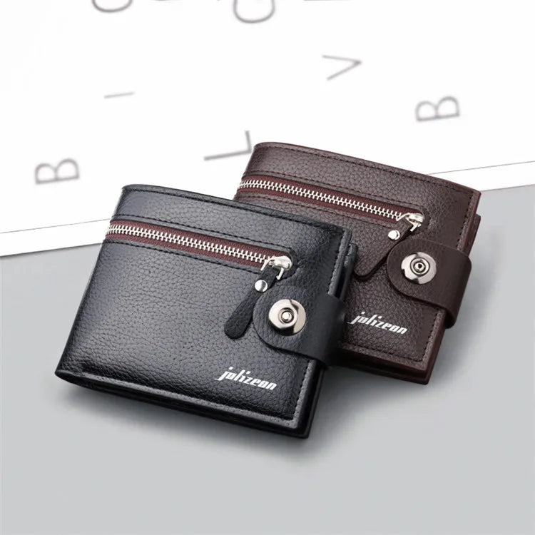 2023 Vintage Style Custom Logo Pu Zip Wallet Men Large Capacity Trend Vegan Leather Short Length Polyester Lining Open Solid