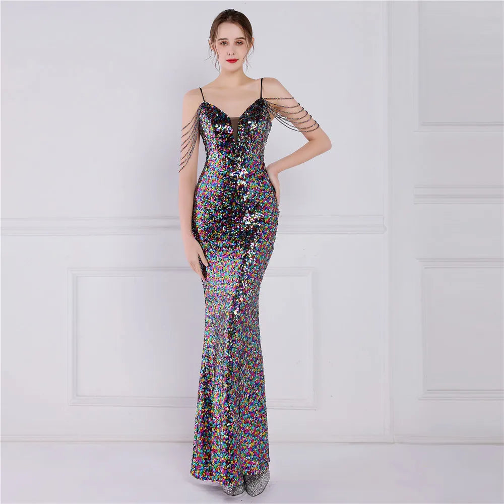 19186#sequin Gown Performance Network Celebrity Event Banquet Car Model Etiquette Evening Dress
