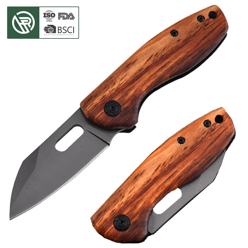 Bochen Wooden Handle Customized Logo Folding Knife Titanium Coated Outdoor Pocket Knife Hunting Survival Rescue Knife EDC
