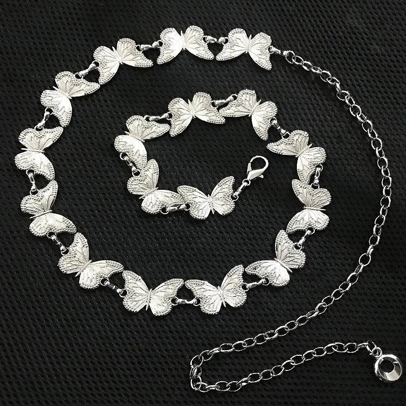 Vintage Literary Chain Belt for Women Silver Butterfly Metal Waist Chain Accessory