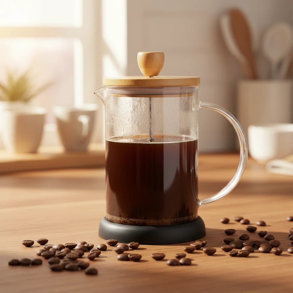 600ml 20oz Customized Bamboo Lid Durable Heat Resistant Triple Filter French Press Coffee Maker With Stainless Steel Plunger