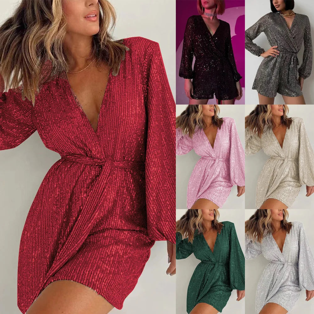 New European and American Direct Sales Holiday Party Fashion Sequin Long Sleeved Dress Jumpsuit Shorts