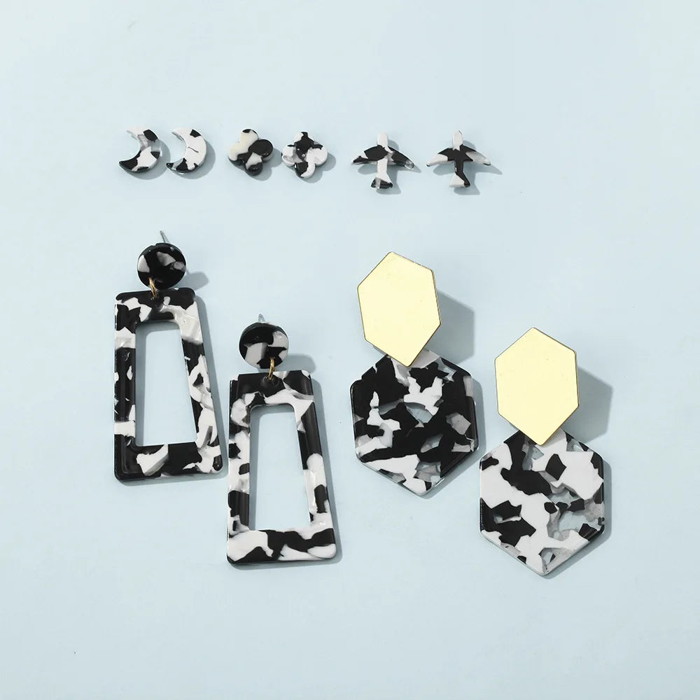 HOVANCI 4 European Best Selling Black White Leopard Geometric Pendant Earrings Simple Elegant Plane Flower Moon Stud Earring Set
