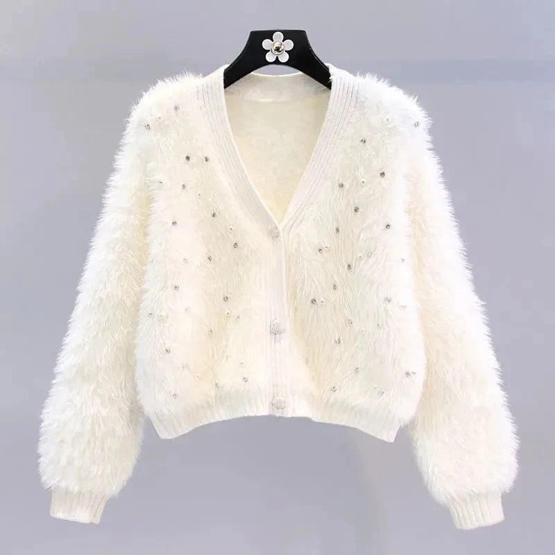 Autumn and Winter Elegant Outwear Cardigan Beaded High Quality Knitted Sweater New Loose Short V-neck Knitted Cardigan for Women