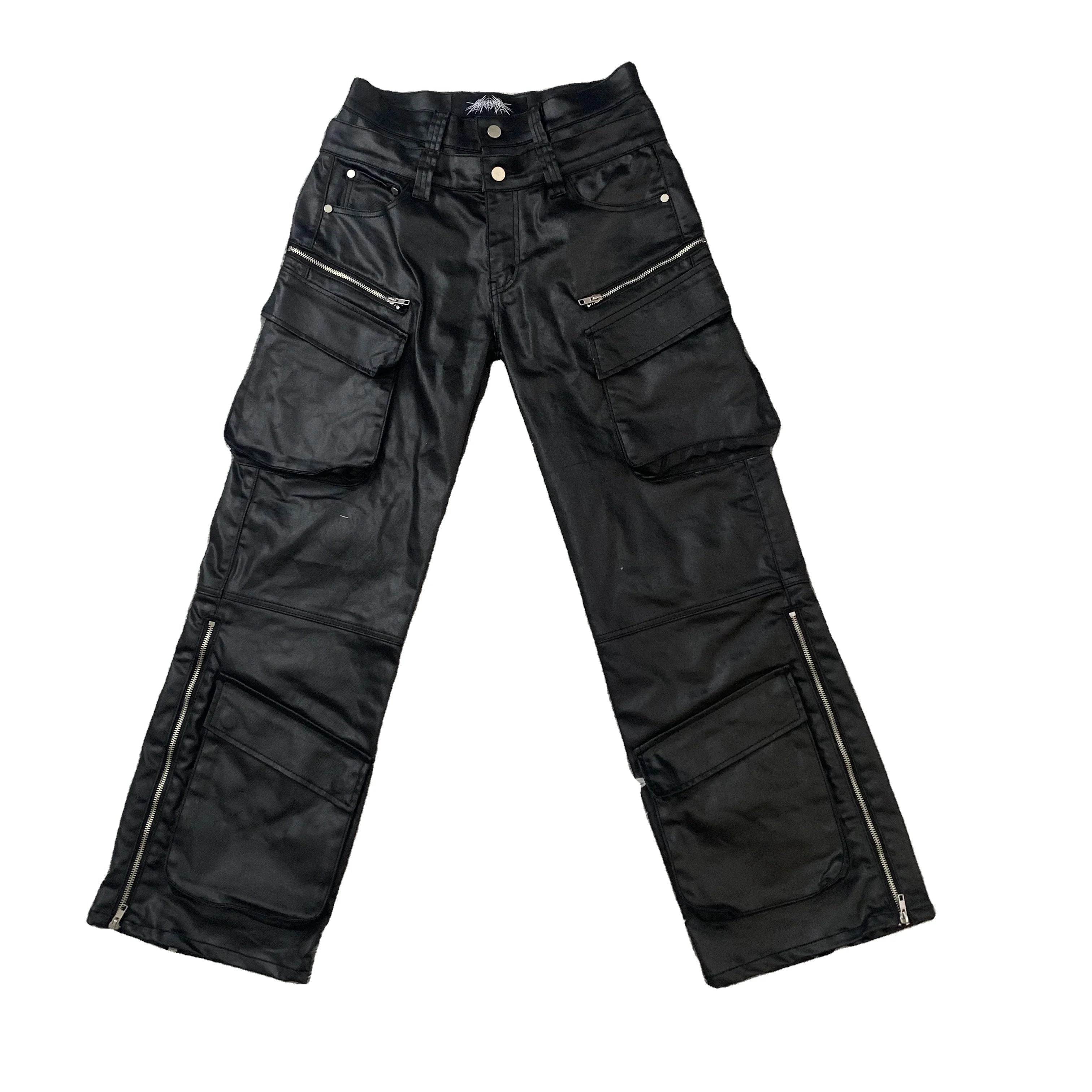 DENIMGUYS City Streetwear Men Cargo Waxing Jeans Custom Double Waist Multi Pocket  Stacked Men's Waxed Coated Jeans