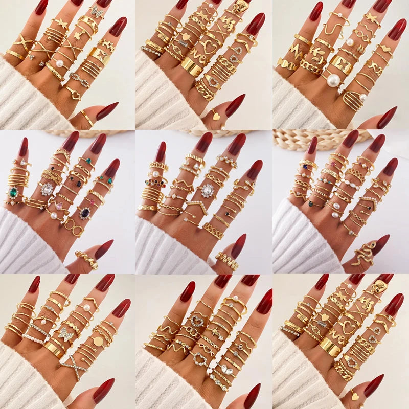 Vintage Style Colorful Zircon Crystal Ring butterfly love Geometric Design Ring Set for Women Jewelry Wholesale