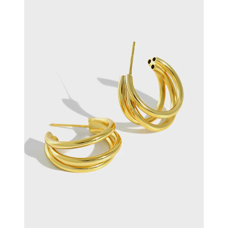 Solid 925 Sterling Silver Glossy Surface Hoop Earring 19mm Circle Round Multi-layer Silver & Gold Luxury Earrings Gifts