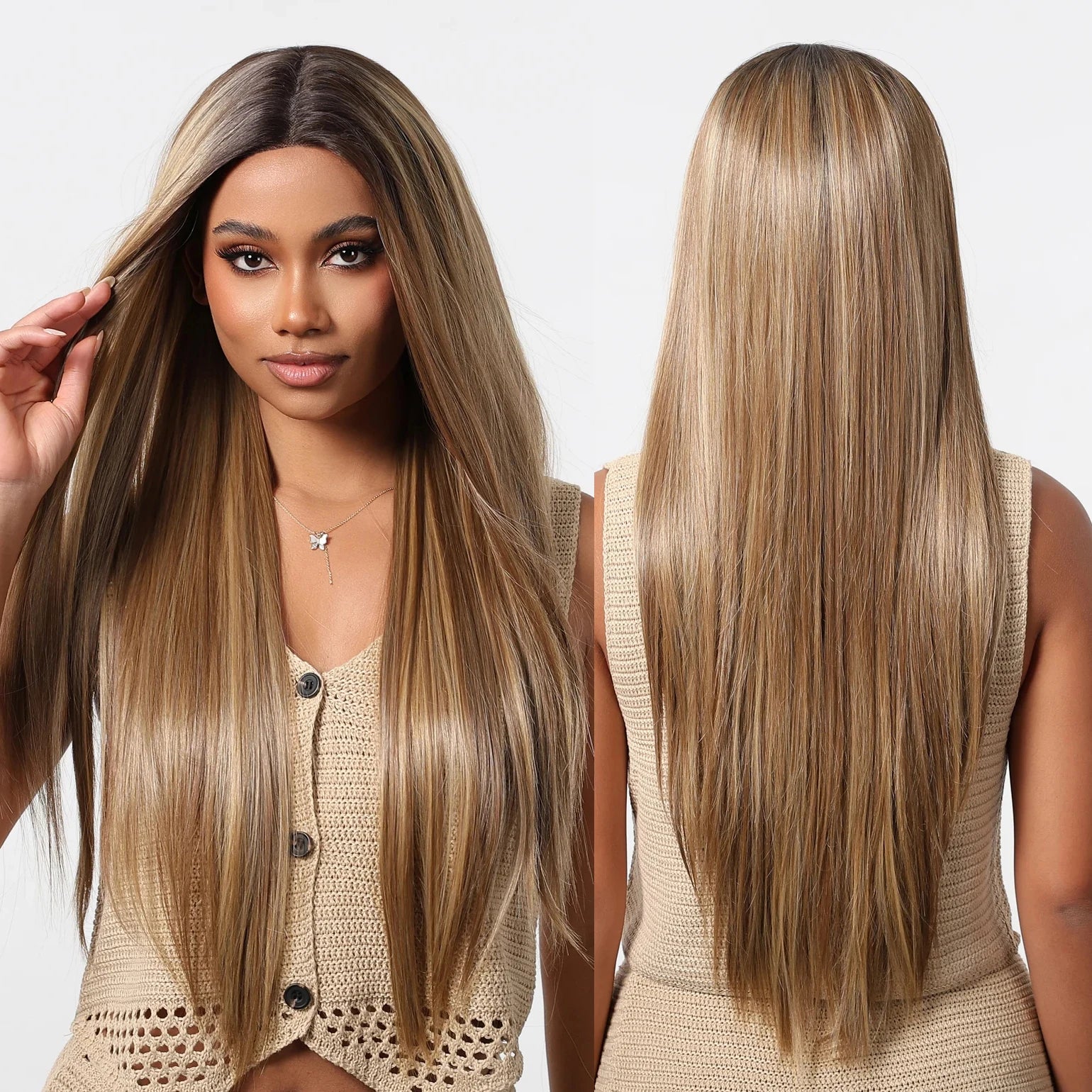 Synthetic 13x6 Lace Wigs Brown Highlight Blonde Wig for Women Daily Party Heat Resistant Fiber Wigs With Dark Root
