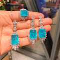 Creative Geometric Square Jewelry Sets Shine Temperament Diamond Necklace Light Water Blue Ring Necklace for Women