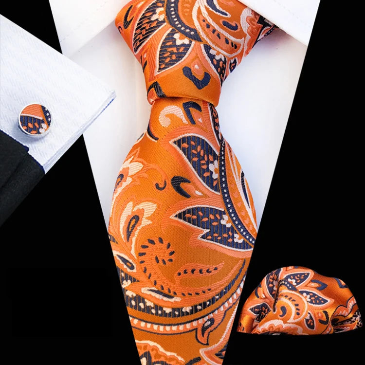 Luxury Necktie Set Gift Custom Floral Tie Pocket Square and Cufflink Set Polyester Woven Mens Neck Tie Set