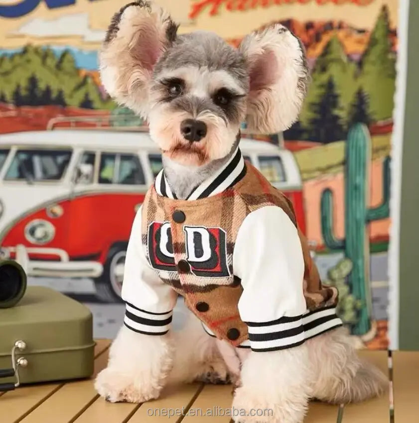 Dog Coat Designer Brown Plaid Pet Baseball Clothes Fashion Design Winter Coats Clothes for Dogs