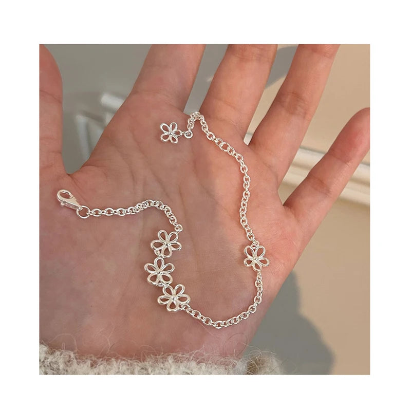 Vintage 925 Sterling Silver Hollow Flower Charm Bracelet for Women Gifts Jewelry