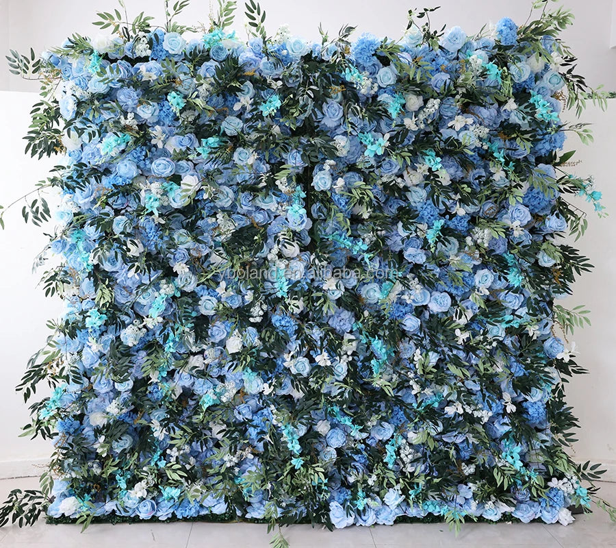 E Floral Backdrop Panel Roll up Fabric Artificial Silk Hydrangea Dusty Blue Rose Flower Wall for Wedding Decor Shop Rental Sale