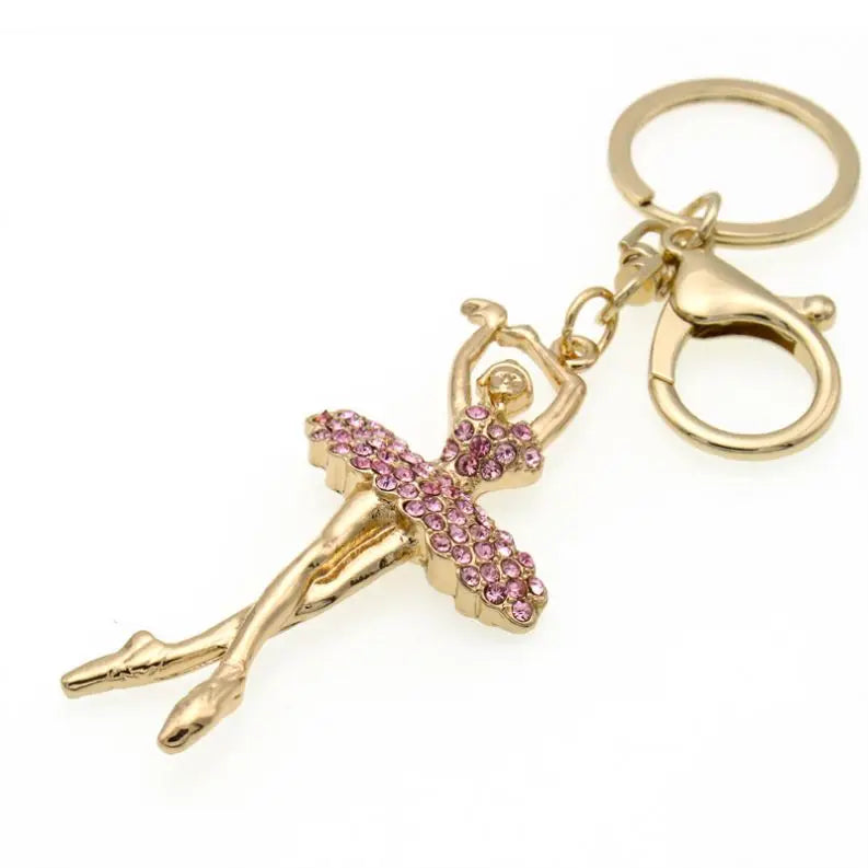 Newest Custom Manufacturer Crystal Ballet Cute Gift Key Ring Gold Plated Dancing Girls Ballerina Cheap Metal Key Chain Souvenirs