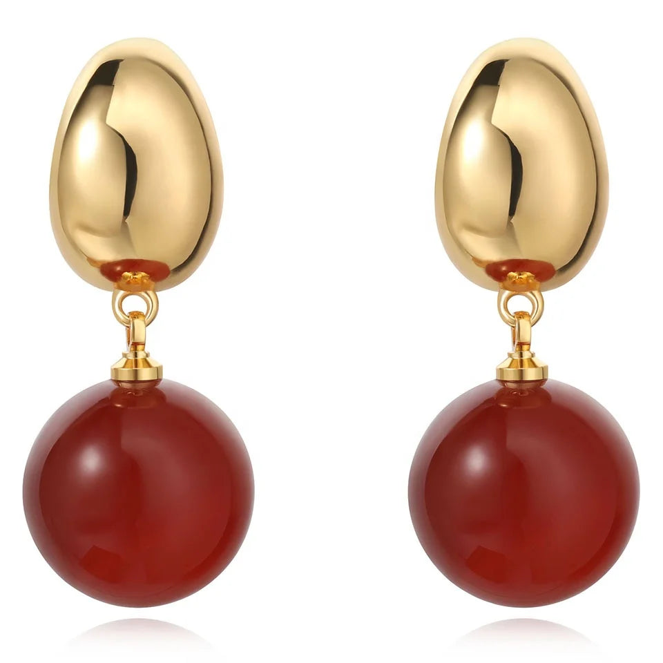 2024 New Natural Red and Black Onyx Ball Pendant C Shape Metal Earrings for Women Factory Jewelry Wholesale