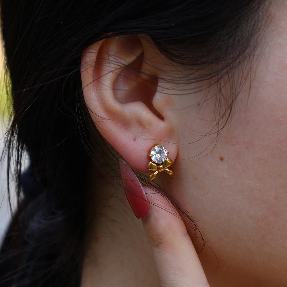 Customized Cute 18K Gold Plated Waterproof Cubic Zirconia Mini Bow Stud Earrings for Women