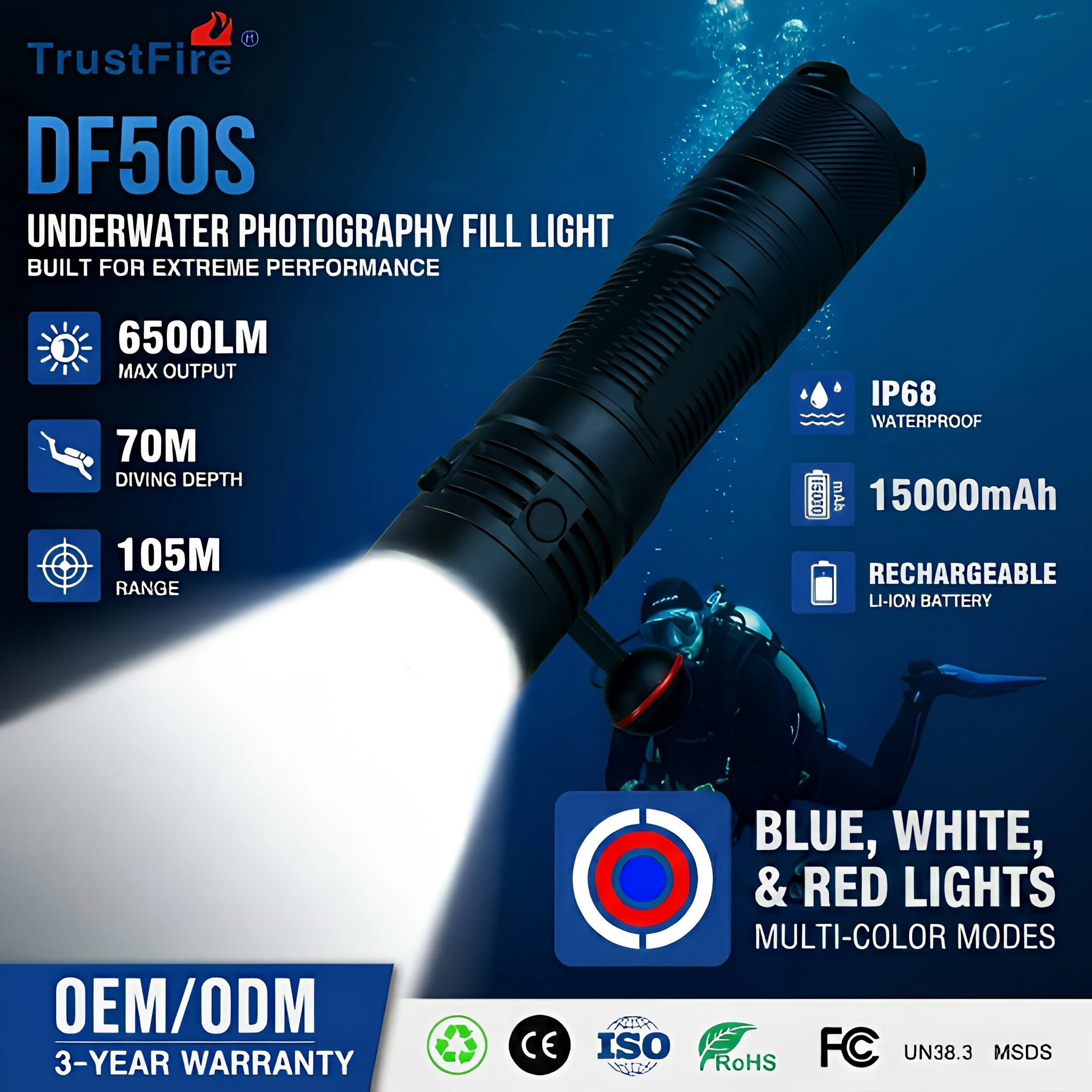 Powerful 6500LM 3-in-1 Waterproof UV Red Blue White Beam 70M Underwater Professional Night Photography Scuba Diving Flashlight