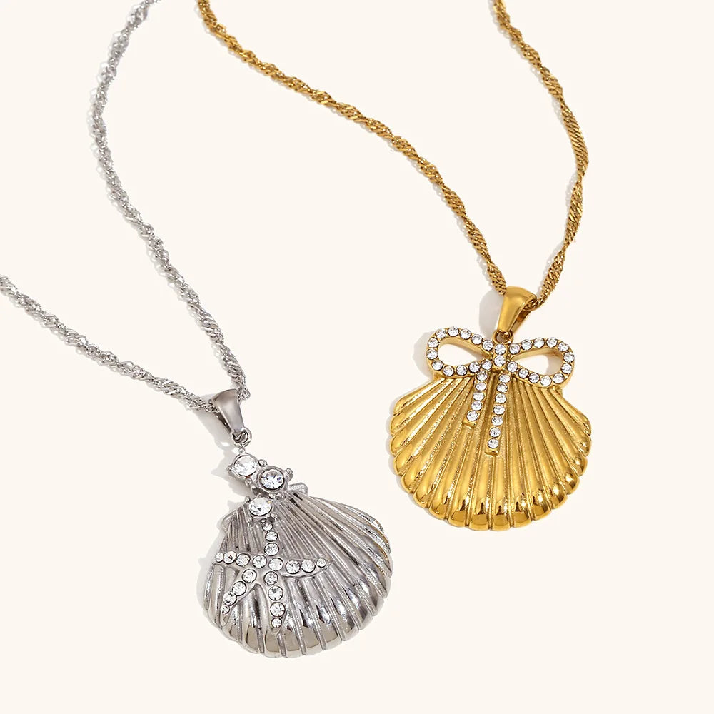 Luxury Quality Jewelry 18k Gold Plated Stainless Steel Shell Bowknot Starfish Zircon Pendant Necklace