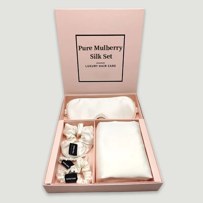 16mm Fashionable Custom Silk Pillowcase Set Travel Silk Pillow case and Scrunchie 100% Mulberry Eye Mask with Box