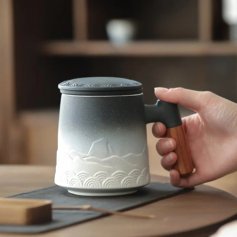 Luxury Ceramic Tea Cup Chinese Retro Mug Coffee Cups Teaware Water Mugs With Wooden Handle Business Gift Set