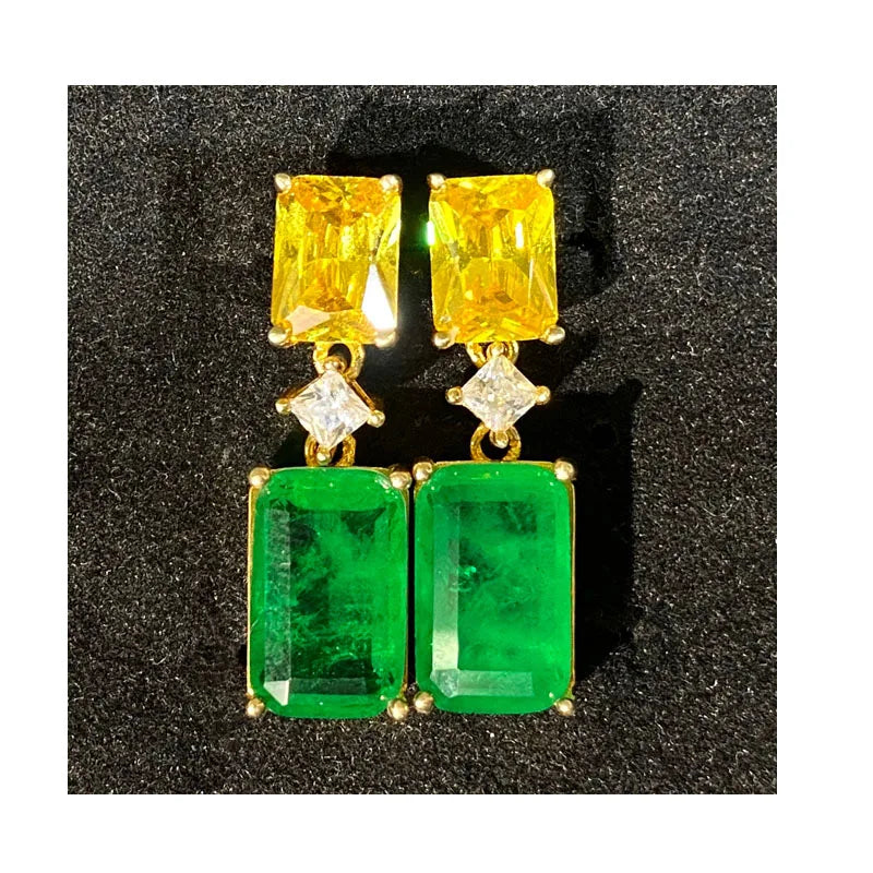 Luxury 18K Gold Plated 925 Sterling Silver Synthetic Green Emerald Drop Earring