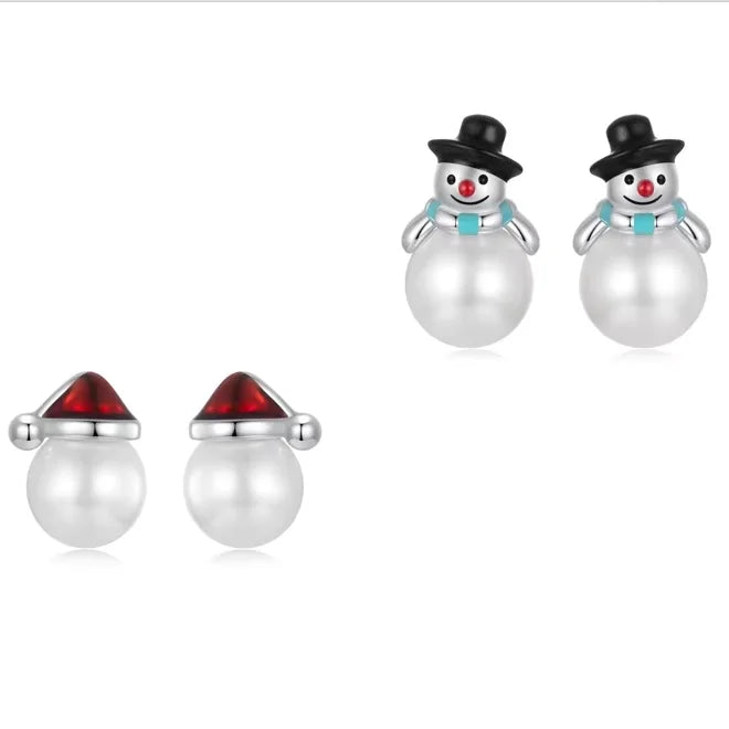 925 Sterling Silver Fashion Jewelry Snowman Shell Pearl Christmas Hat Studs Earrings Fine Jewelry Winter Shining Earrings