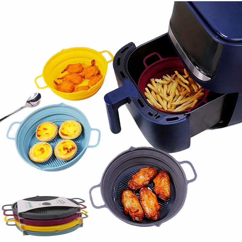 Round Foldable Food Grade Silicone Baking Tray Pan Heat Resistant Reusable Air Fryers Silicone Mold Air Fryer Liner for Airfryer