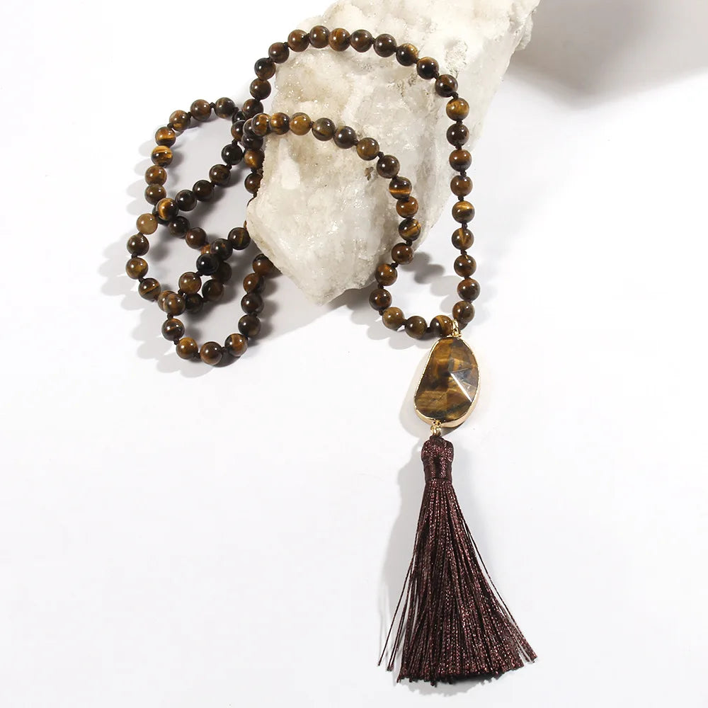 Handmade Natural Tiger's Eye Turquoise Stone Beads Long Sweater Chain Tassels Necklace for Women