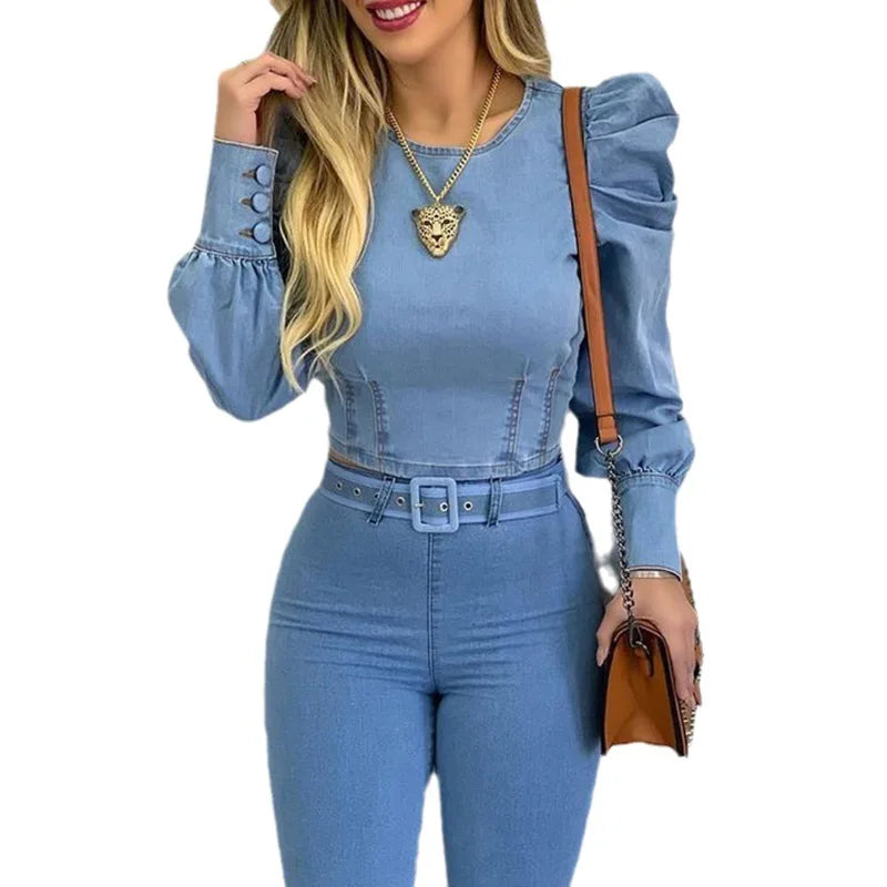 RNSHANGER Autumn Women Fake Denim Blouse Solid Color Long Princess Sleeve Shirts for Women O Neck Top Ladies Blouses