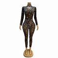 Colorful Big Rhinestones Brown Mesh Bodysuit Evening Birthday Sexy Jumpsuit Dance Performance Costume