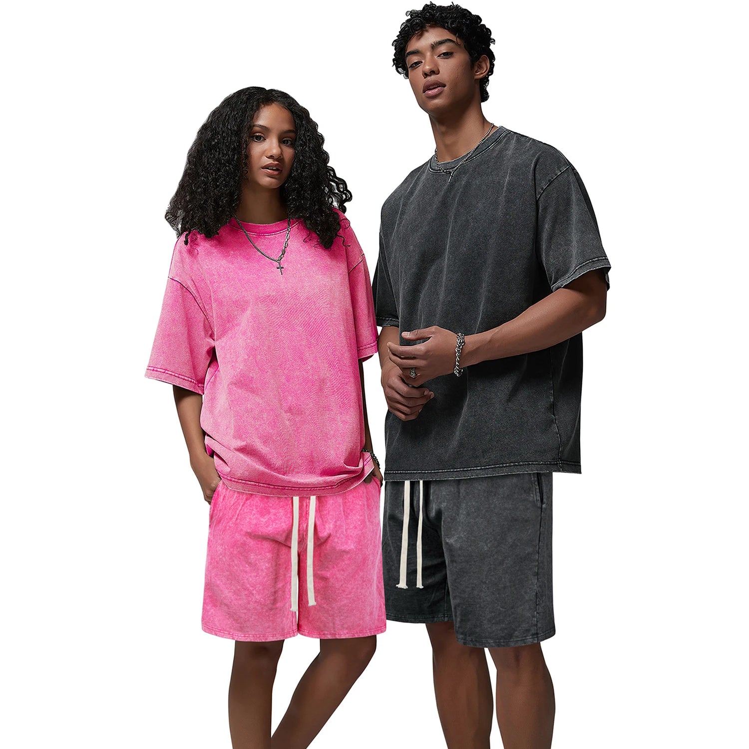 2 PCS Sets Tops & Shorts 100% Cotton 230g Loose Oversize Heavyweight Short Sleeve Retro T-Shirt Washed for Men Women Custom ODM