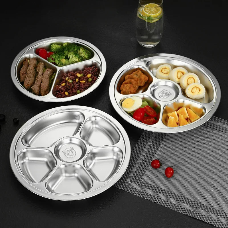 Food Grade Canteen Fast Food Kids Feeding Lunch Tray Set Stainless Steel Round Divider Dinner Food Plate