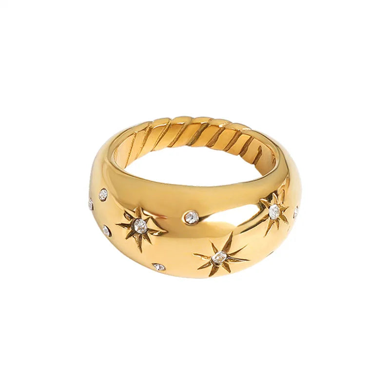 Wholesale Vintage 18K Gold Plated Stainless Steel Jewelry Smooth Striped Zircon SunflowerRing for Women