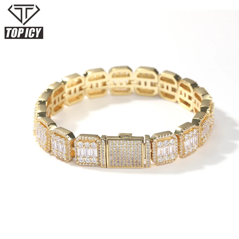 2021 Fashion Hot Selling 13mm Hip Hop Gold Silver Chain Gold Plated Bracelet Baguette Crystal Bracelet Men