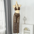STOCK 3Colors Textured Women 3Pieces Swimwear Triangle Top Brazilian Bikini and CoverUp Set Beachwear Long Pant S-L