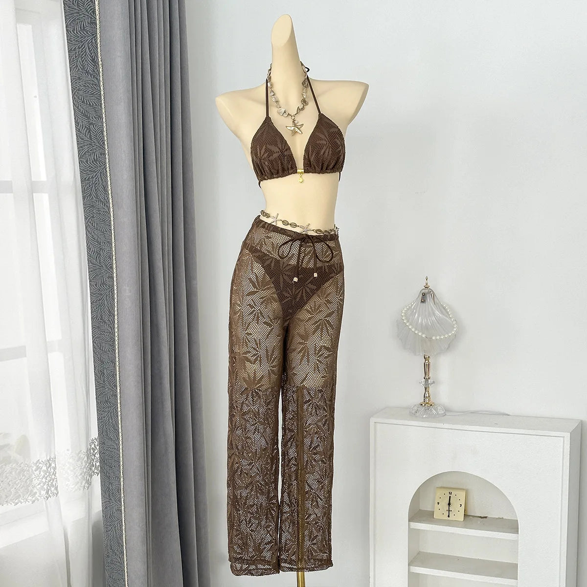 STOCK 3Colors Textured Women 3Pieces Swimwear Triangle Top Brazilian Bikini and CoverUp Set Beachwear Long Pant S-L
