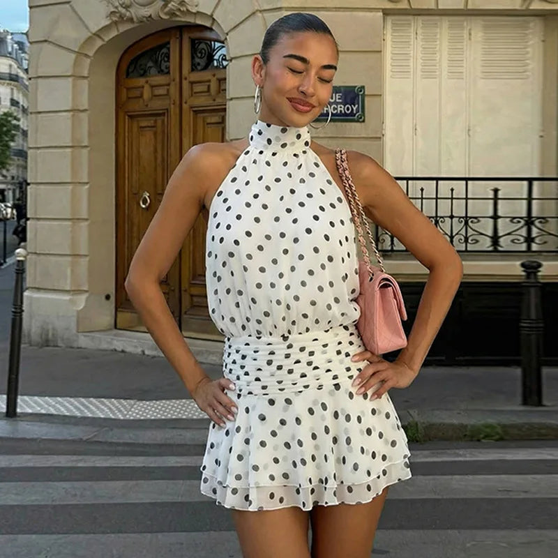 Polka Dot Elegant Off Shoulder Sleeveless Backless High Waist Halter Mini Dress Y2K Summer Fashion Club Party Vestidos