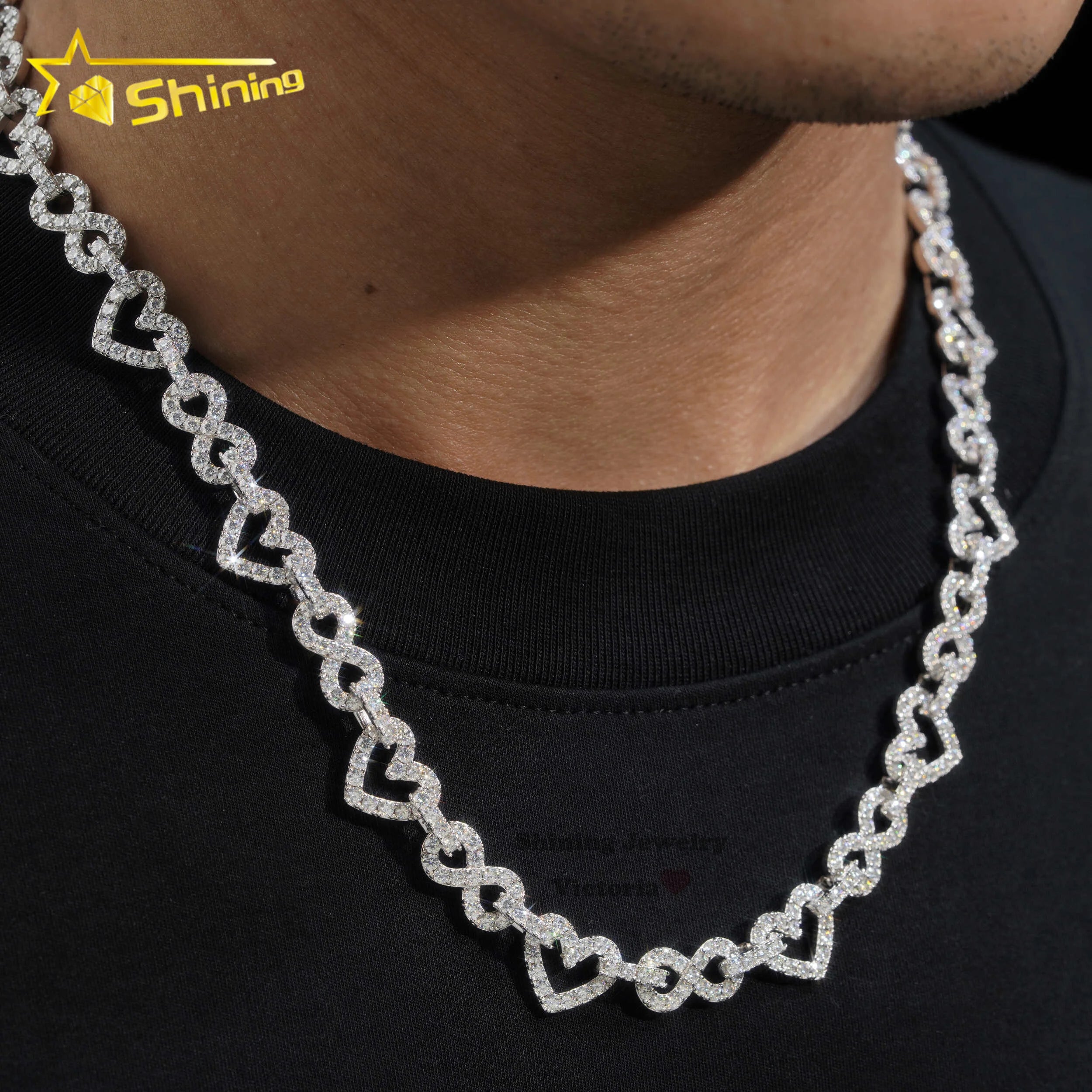 New Arrival Rapper Jewelry Pass Diamond Tester 925 Sterling Silver 12MM VVS Moissanite Heart Tennis Chain Necklace