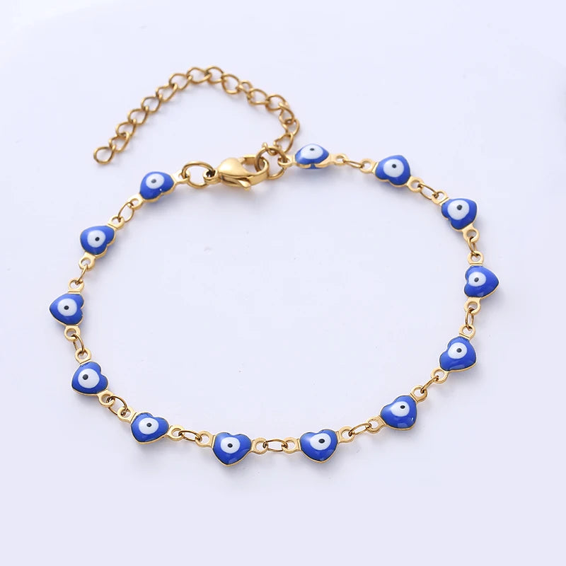 Fashion Gold Plated Jewelry Women Stainless Steel Heart Charm Beaded Bracelet Evil Eye