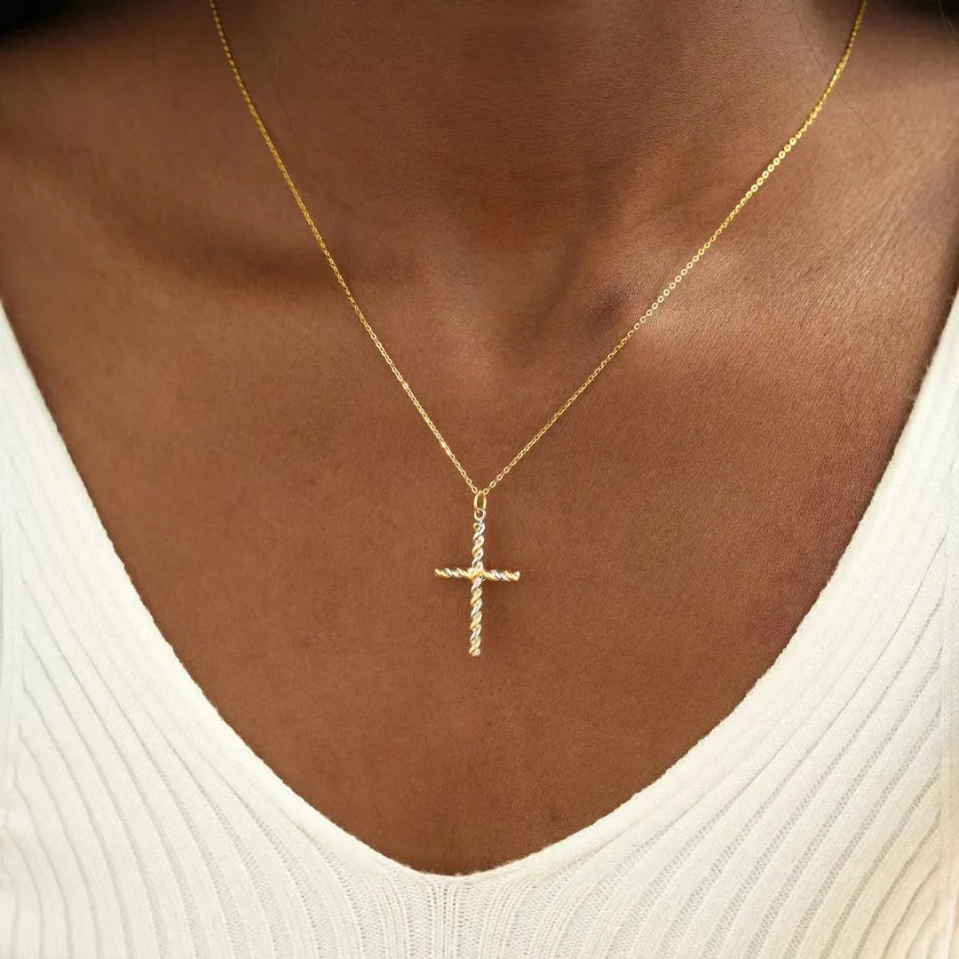 Fine Gold Silver Dual Color Cross Pendant Necklace Women 18K Gold Plated 925 Sterling Silver Link Chain Necklace Fashion Jewelry