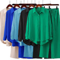 Plus Size Women Clothing Ladies Loose Stretch Crease Long Sleeve Shirt Wide Leg Pants Casual Two Piece Women's Shirts Sets