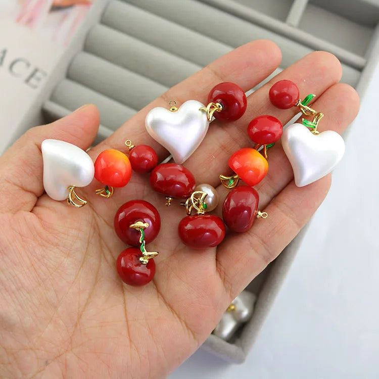 JS1866 Dainty Small Chic Fun Fruit Collection 18k Gold Plated Red Resin White Faux Pearl Apple Cherry Fruit Charm Pendant