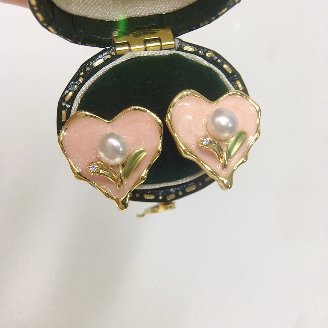 Trendy S925 Silver Needle Enamel Love Design Natural Freshwater Pearl Earrings