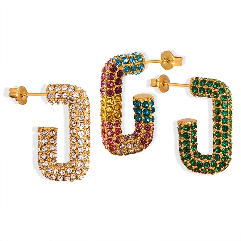 Hot Fashion Trend Stainless Steel 18K Gold Plated Metallic Czech Diamond Stud Earrings for Women