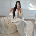 Dubai Kaftan Casual Women's Solid Color V-Neck Shiny Glittering White Beadings Loose Sleeves Women's Clothing Kaftan