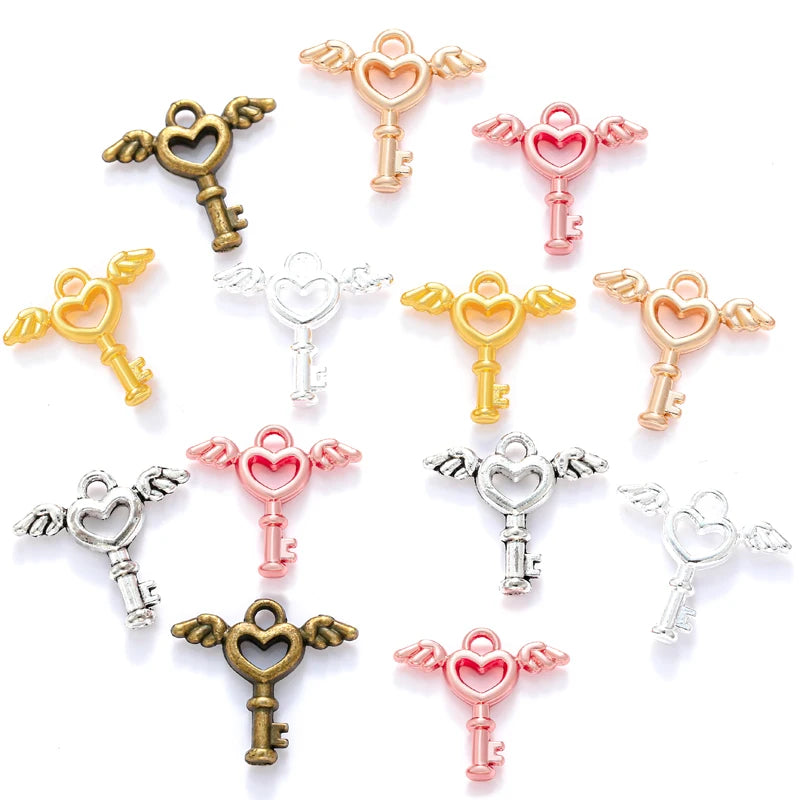 Angel Wings Heart Keys Charms Metal Antique Pendant Charms Making DIY Handmade 15*14mm O251