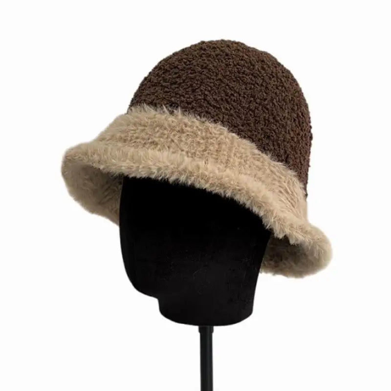 Custom logo Thick Warm Winter Fluffy Plush Knitted Fisherman Hat Vintage Stylish Bucket Hats for Women