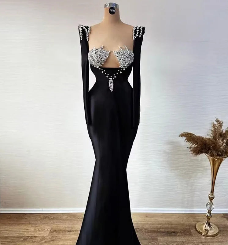 C3710 New Design Prom Evening Gowns Luxury Diamonds Beaded Long Sleeve Slim Mermaid Bandage Women Maxi Dresses